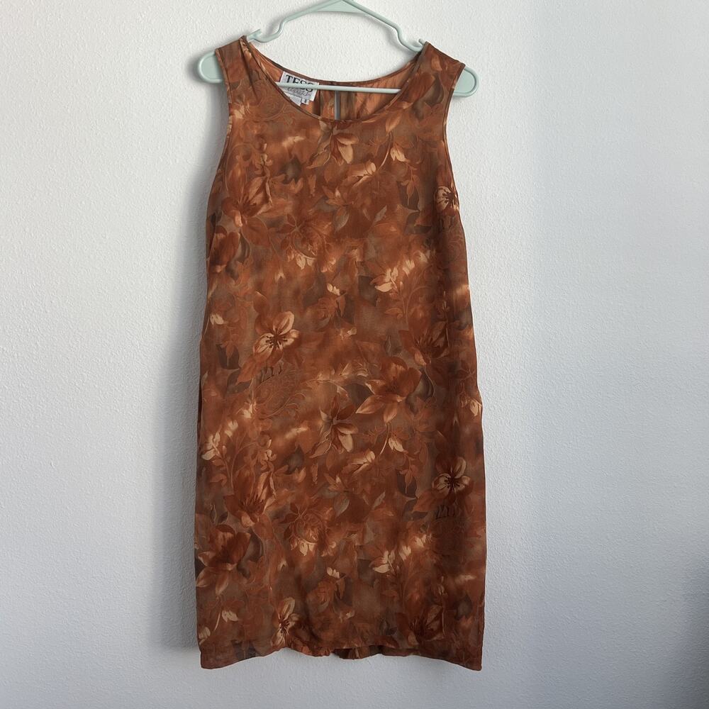 TESS Dress Womens Size 8 Brown Floral 100% Silk Sleeveless Shift Vintage